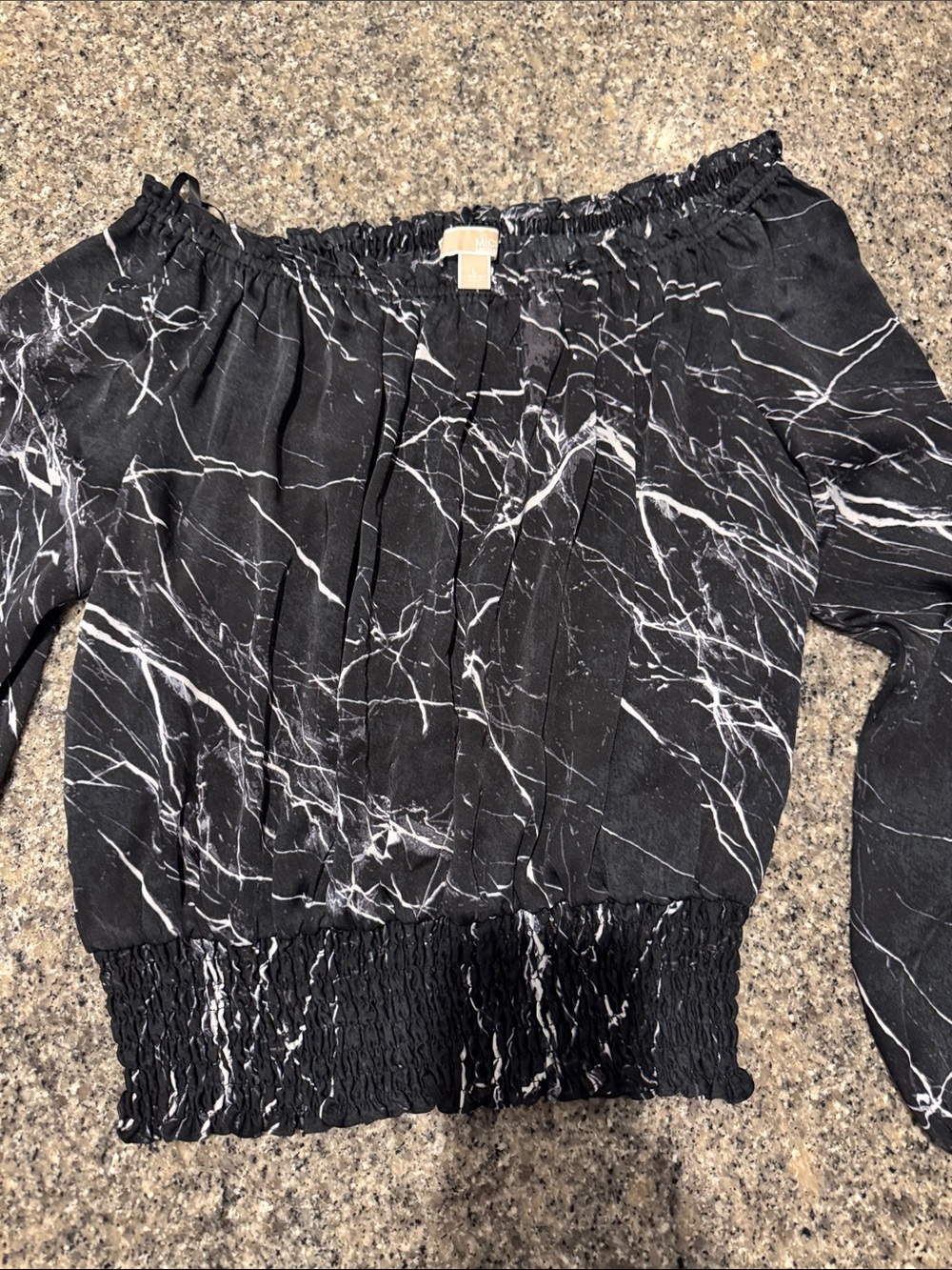 Michael Kors Black Marble-Print Off-Shoulder Blouse